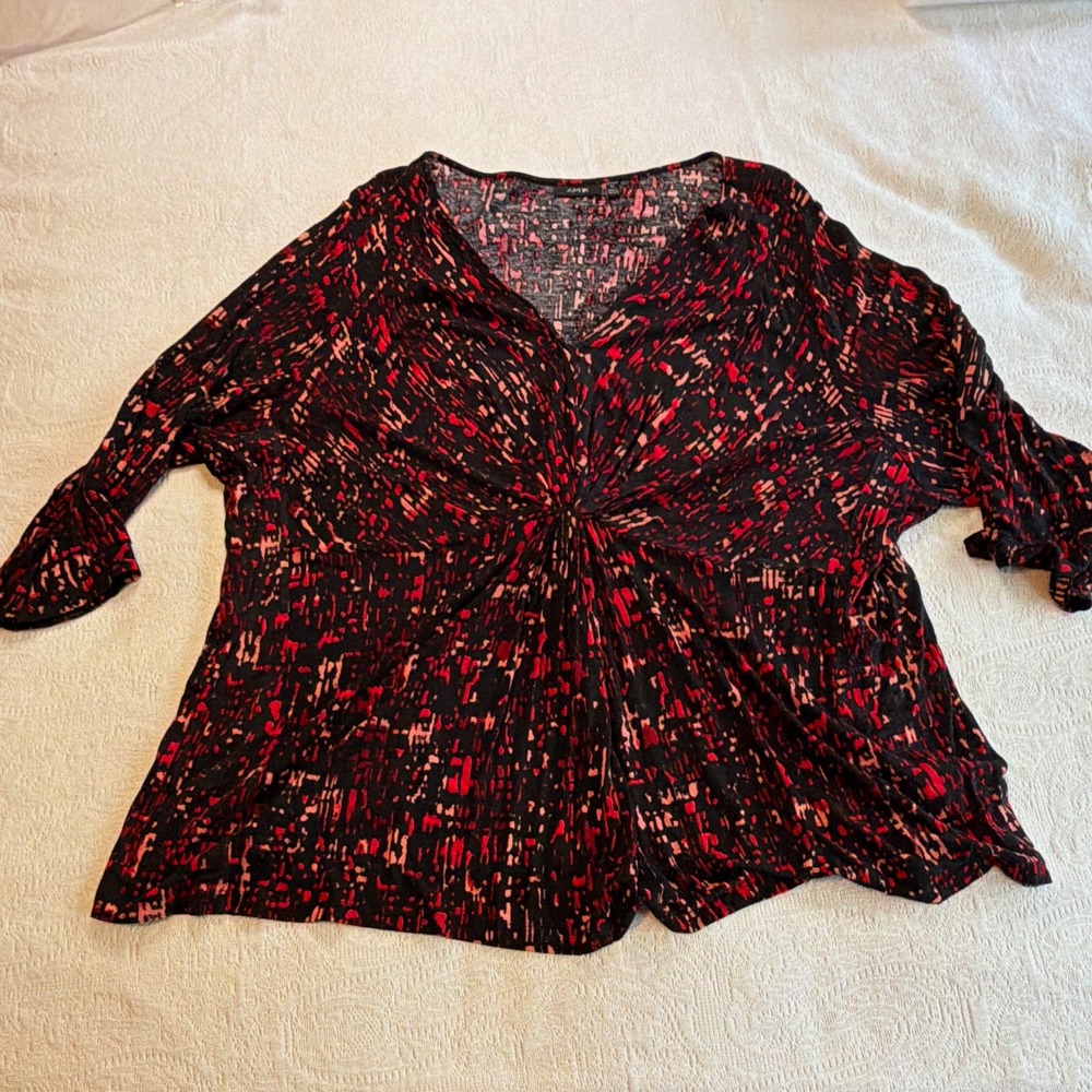 APT. 9 Women’s Plus 3X Black Red Pink Abstract Knit V-Neck Ruched 3/4 Top